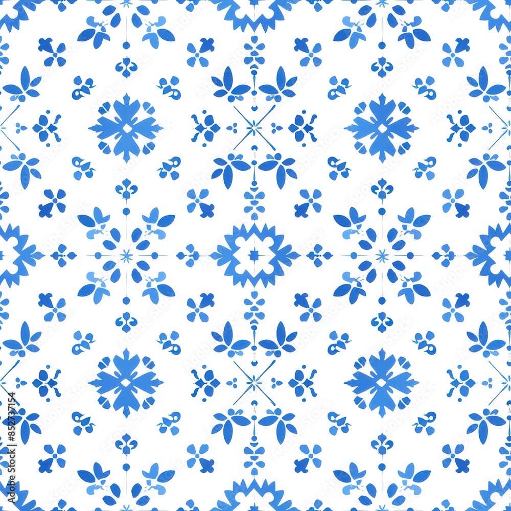 Poster This image is a seamless pattern of blue and white floral tiles. The pattern is made up of various floral designs, including simple flowers, star-like flowers, and more intricate patterns. This design