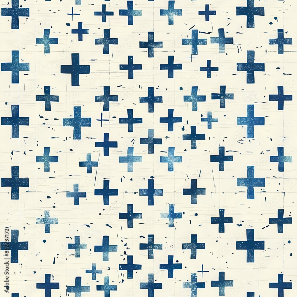 Poster this image showcases a close-up view of a fabric with a repetitive pattern of blue crosses printed o