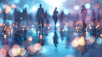 silhouetted figures connected by glowing lines on a dark blue background, concept of network or social connectivity.
