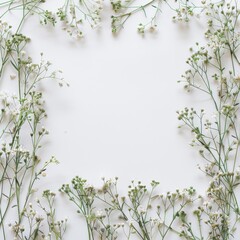 Fototapeta premium A close-up, overhead view of a white background surrounded by a frame of small white flowers and green stems, creating a delicate and elegant composition.