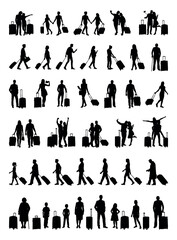 People all ages with suitcase traveling various poses silhouette set collection.