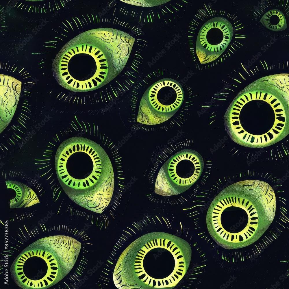 Aufkleber A digital art pattern consisting of green eyes with black pupils and eyelashes on a black background. The eyes are depicted in a stylized manner with textured and detailed rendering. The pattern creat