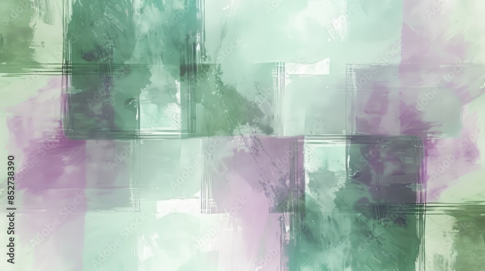 Poster a painting with a green background and purple and white splatters. the splatters are in different sh