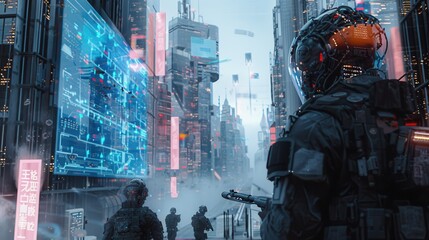 A group of soldiers in futuristic armor walk through a bustling, technologically advanced city. The scene features towering buildings with holographic displays, showcasing a complex data grid. The sol