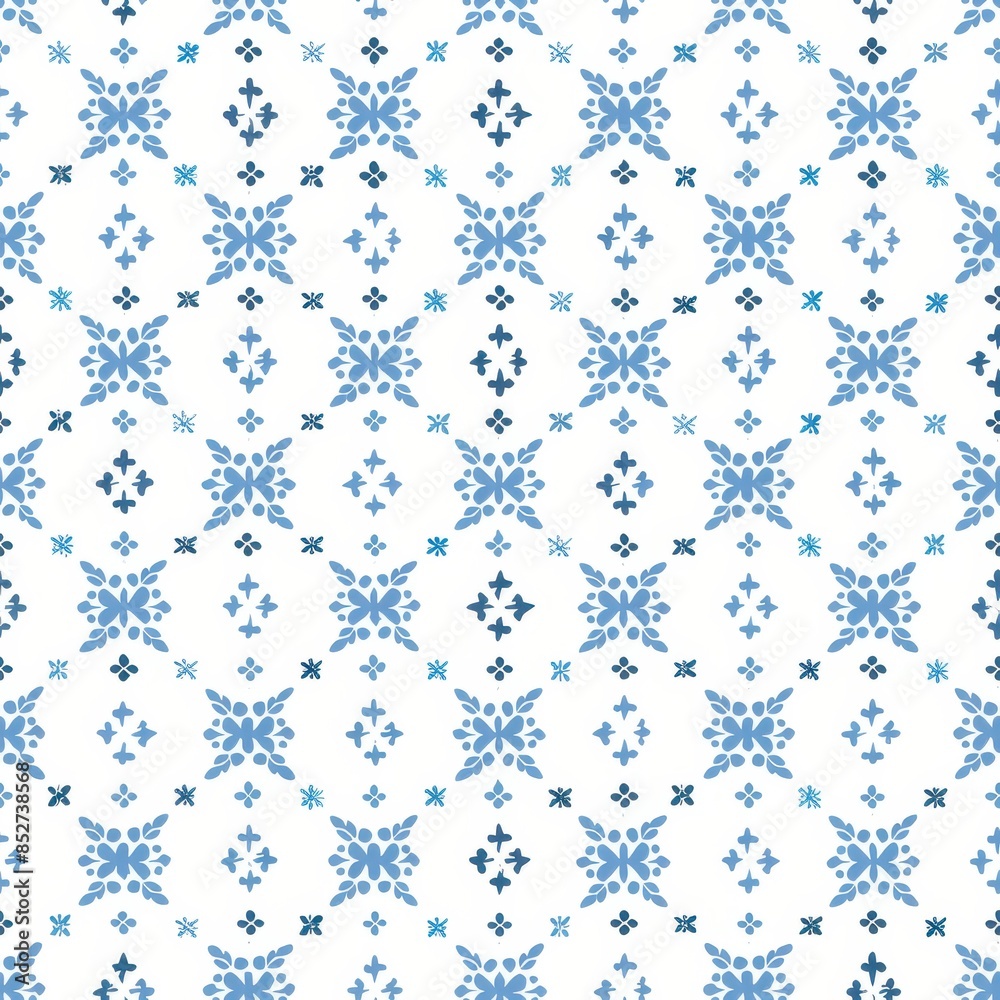 Poster this image shows a seamless repeat pattern of blue and white floral designs on a white background. t