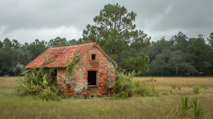 Obraz premium Deserted red brick structure with sharp rooftop on cloudy day in southern region