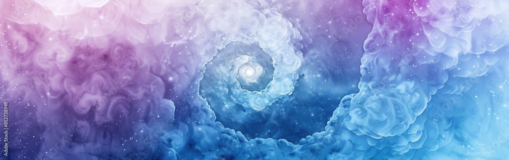Poster an abstract image of a swirling spiral of blue and purple clouds with a light in the center. the clo