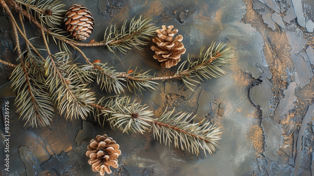 Poster A close-up image of pine branches with three pine cones on a rustic, gray, and brown patterned background. The image is a flat lay with a shallow depth of field. The focus is on the branches and cones
