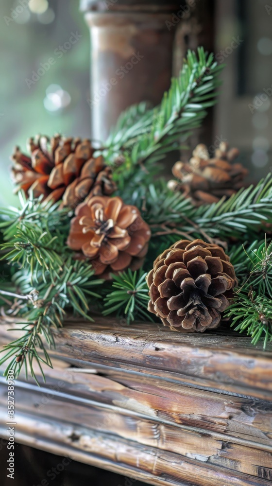 Poster a close-up image of a rustic wooden mantel decorated with pine cones and evergreen branches. the woo