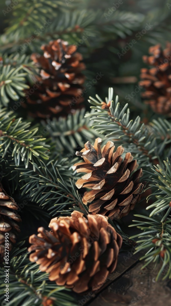 Poster A close-up image showcases the intricate details of several pine cones resting on the branches of an evergreen tree. The pine cones are a rich brown color and their scales are visible. The evergreen b