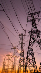 Electric towers lined up against a sunset