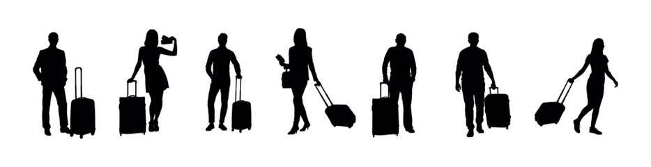 Silhouette set of people walking with suitcase vector silhouette. Group of travellers with their luggage various poses black silhouettes.