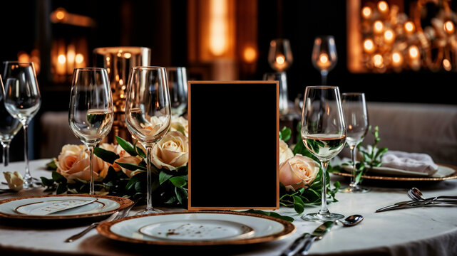 fine dining table setting of luxury fancy restaurant menu invitation card mockup for weddings and romantic eating event decoration as wide banner with empty black copy space