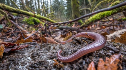 Obraz premium A worm crawling on the ground in a forested area, AI