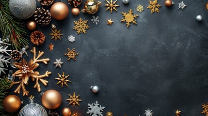 A flat lay image featuring a variety of Christmas ornaments in gold, silver, and copper colors, along with pine cones and snowflakes, arranged in a border around the edge of a dark grey background, le