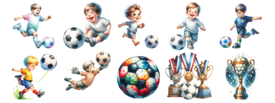 A collection of sports themed items including a soccer ball, a trophy, a flag