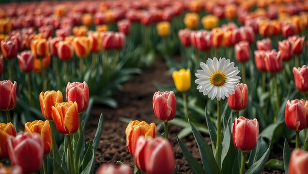 The symbolism of a single daisy in a field of tulips ai_generated