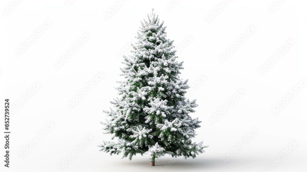 Aufkleber A single evergreen tree stands tall against a plain white background. Its branches are covered in a fresh layer of snow, adding a touch of winter magic to the scene. The trees dark green needles are v