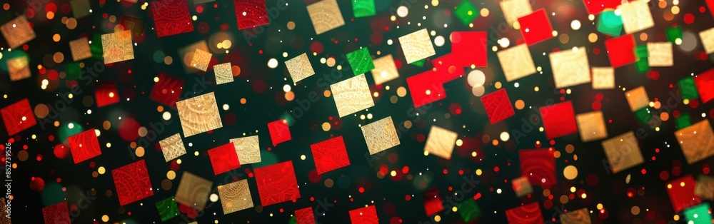 Poster a colorful background with red, green, and gold squares. the squares are scattered all over the back