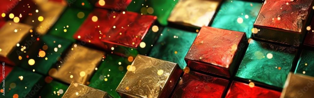 Aufkleber A colorful Christmas scene with many boxes of different sizes and colors. The boxes are arranged in a way that creates a festive and joyful atmosphere