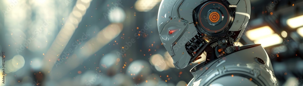 Wall mural Close-up of a futuristic robot with intricate mechanical details, illuminated background adds an advanced technological ambiance.