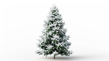 A single evergreen tree stands tall against a plain white background. Its branches are covered in a fresh layer of snow, adding a touch of winter magic to the scene. The trees dark green needles are v