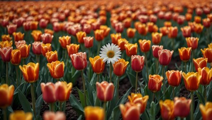The symbolism of a single daisy in a field of tulips ai_generated