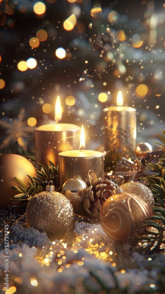 Poster a close-up image of three gold candles burning brightly, surrounded by gold christmas ornaments and 