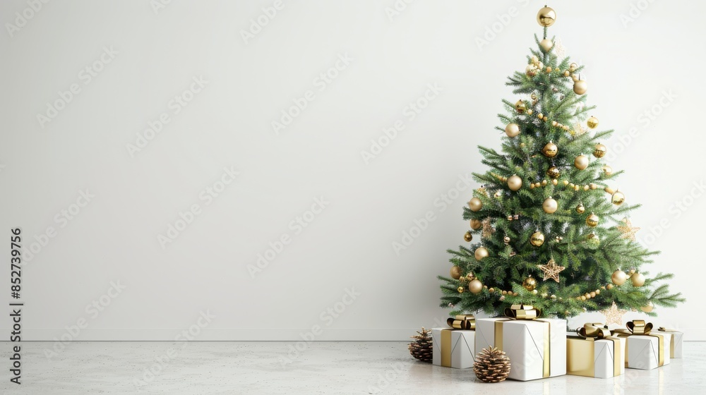 Poster this image features a decorated christmas tree with gold ornaments and a string of gold beads, stand
