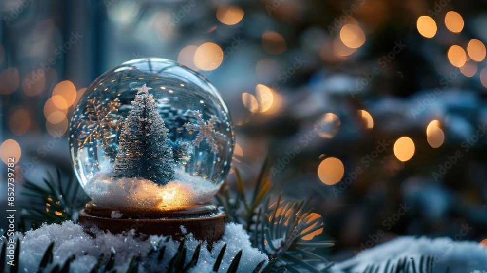 Poster A glass snow globe sits on a snowy branch, showcasing a miniature Christmas tree illuminated by a warm light. The globe is surrounded by a soft, out-of-focus background of twinkling lights, creating a