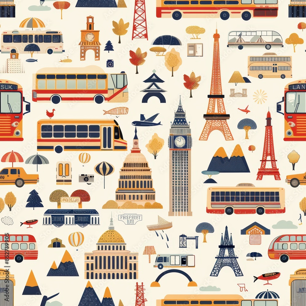 Aufkleber This image features a colorful, repeating pattern of various iconic landmarks from around the world. The pattern includes buses, planes, cars, and other modes of transportation. The illustrations are 
