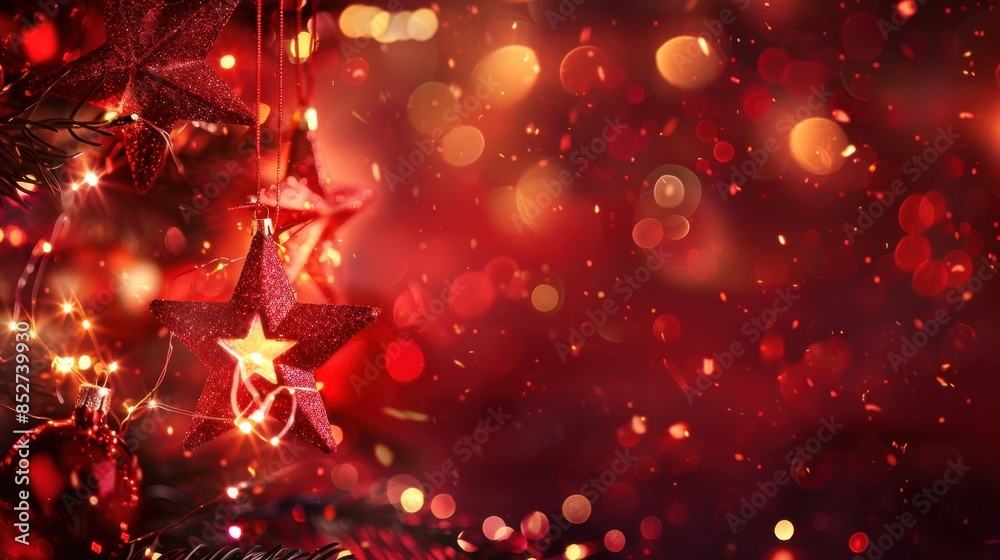 Poster This image shows a close-up of a Christmas tree decorated with red star ornaments and sparkling lights. The background is a bokeh of red and gold, adding to the festive and celebratory feel.