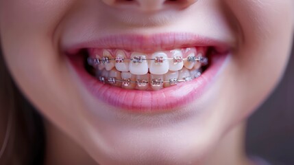 Obraz premium A teenager with braces, smiling brightly and showing beautiful teeth