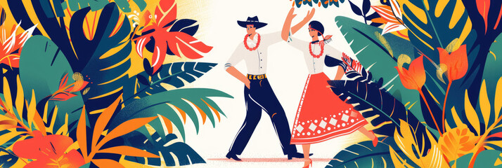A colorful illustration of a couple dancing in a tropical setting with vibrant foliage surrounding them