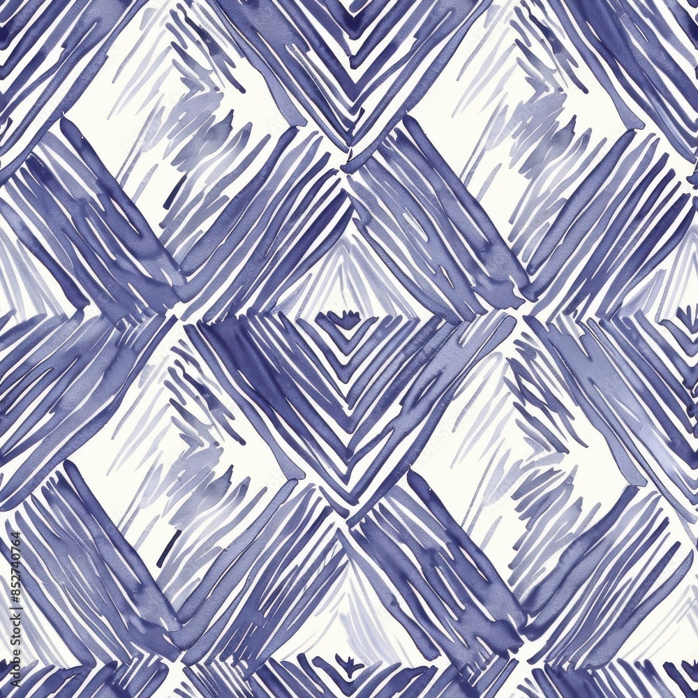 Aufkleber This image showcases a repeating pattern of overlapping blue and white diamonds. The diamonds are created using thin, watercolor strokes that create a dynamic and textured effect. The pattern is abstr