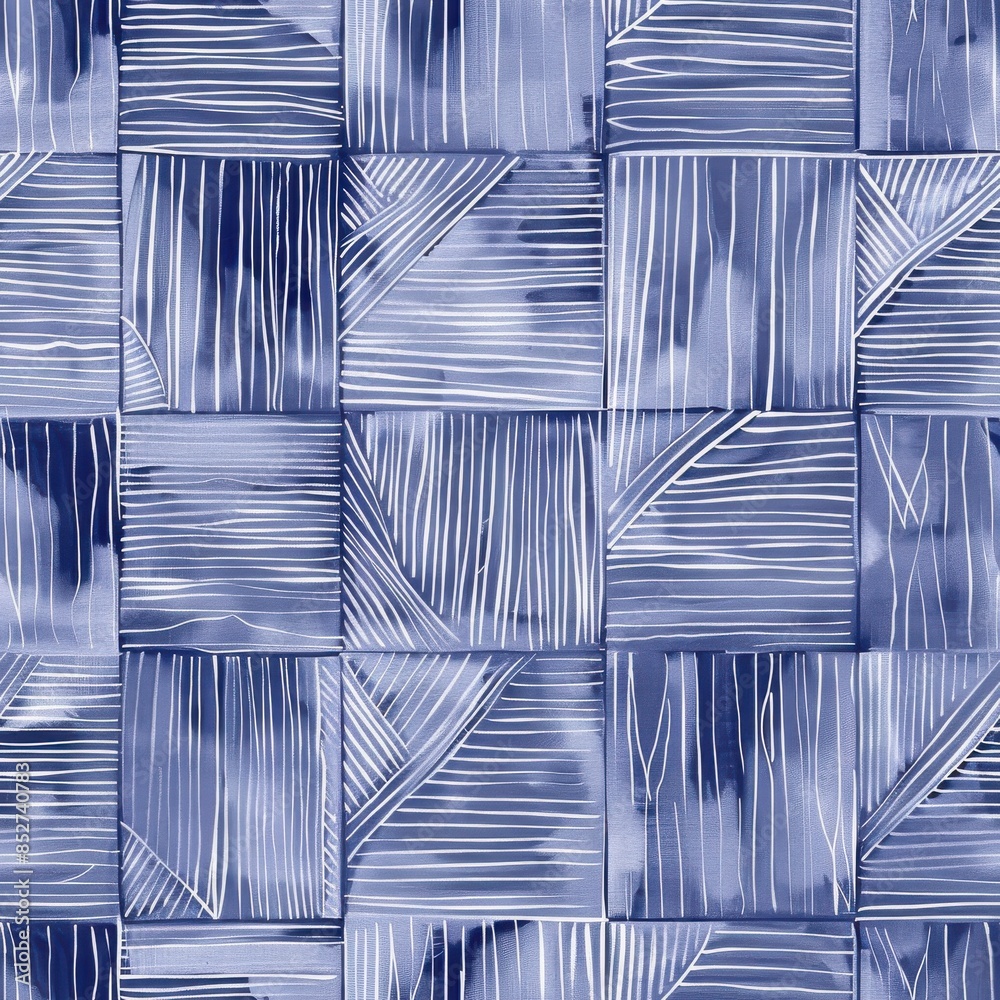 Poster this is a watercolor painting of an abstract pattern with geometric lines in blue. the image feature