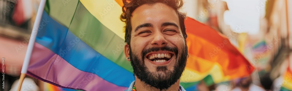Poster A man is smiling and holding a rainbow flag. The flag is colorful and has a rainbow pattern. The man is happy and enjoying the moment