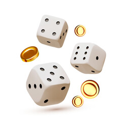 Falling dice with coins. 3D gambling and game design.