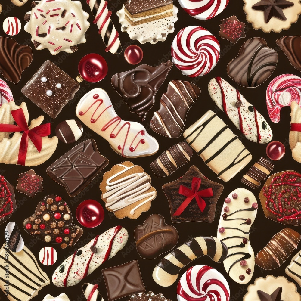 Poster An illustration of a seamless pattern featuring various chocolate and cookie designs. The pattern features a variety of shapes, including candy canes, stars, hearts, and more, all decorated with red a