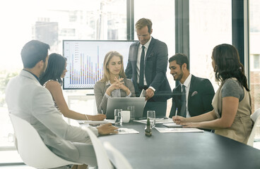 Team, people and laptop for collaboration in company as consultant in accounting firm or bank in workshop or office. Group, business meeting and tech in brainstorming for growth or career in finance