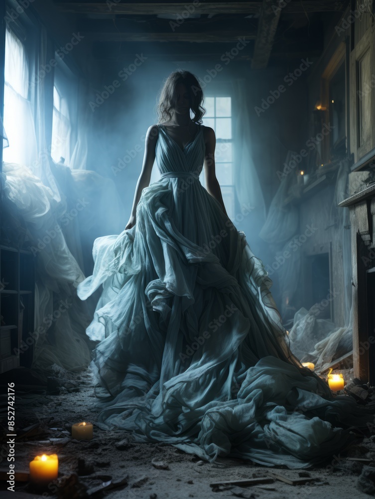 Poster a woman in a blue dress is standing in an abandoned house