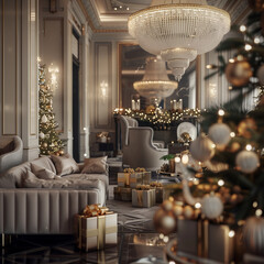 Christmas interior, elegant decorations, gold and silver accents, grand chandelier, plush seating, wrapped presents, bright indoor lighting, luxurious apartment environment