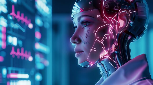 Futuristic AI cyborg analyzing data on digital interface, showcasing advanced technology and artificial intelligence innovations.