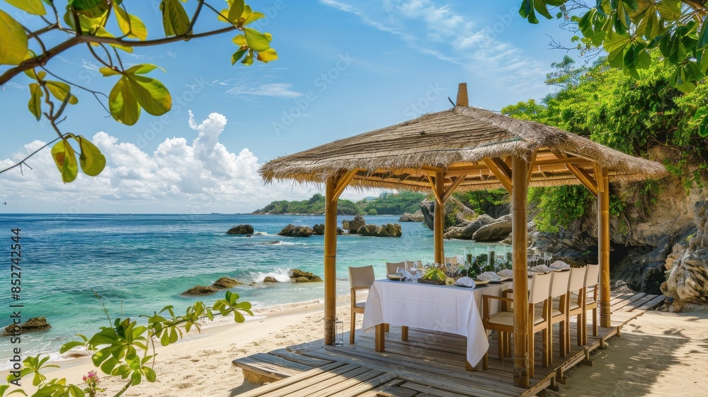 Poster A beach setting with a wooden gazebo and a table with white tablecloths and plates