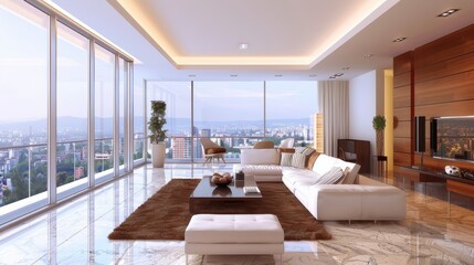 This image shows a spacious and modern living room with floor-to-ceiling windows offering a breathtaking view of a city skyline. The room features a large white sectional sofa, a coffee table, and a b