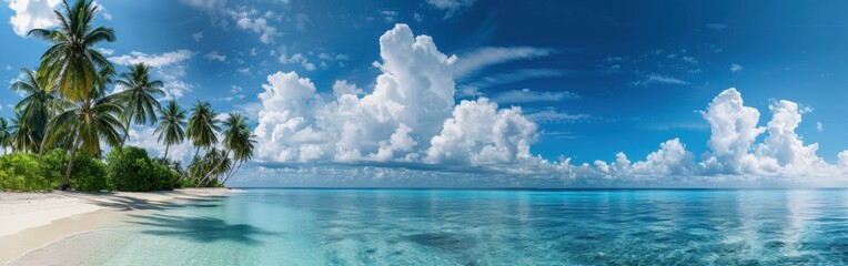 This image shows a tropical beach scene in the Maldives, featuring white sand, clear turquoise water, swaying palm trees, and a bright blue sky with fluffy white clouds. The tranquil scene evokes a se