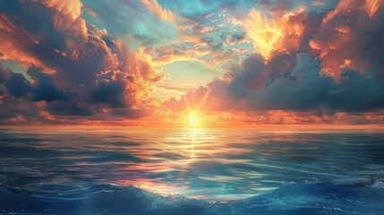A breathtaking sunset over a serene ocean. The sky is ablaze with vibrant colors, ranging from deep blues and purples to fiery oranges and reds. The clouds are fluffy and dramatic, casting long shadow