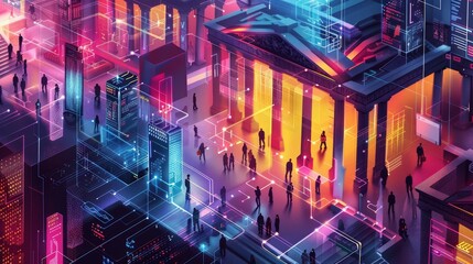 Futuristic cityscape with glowing neon lights, digital advancements, and people interacting, highlighting modern urbanization and technology.