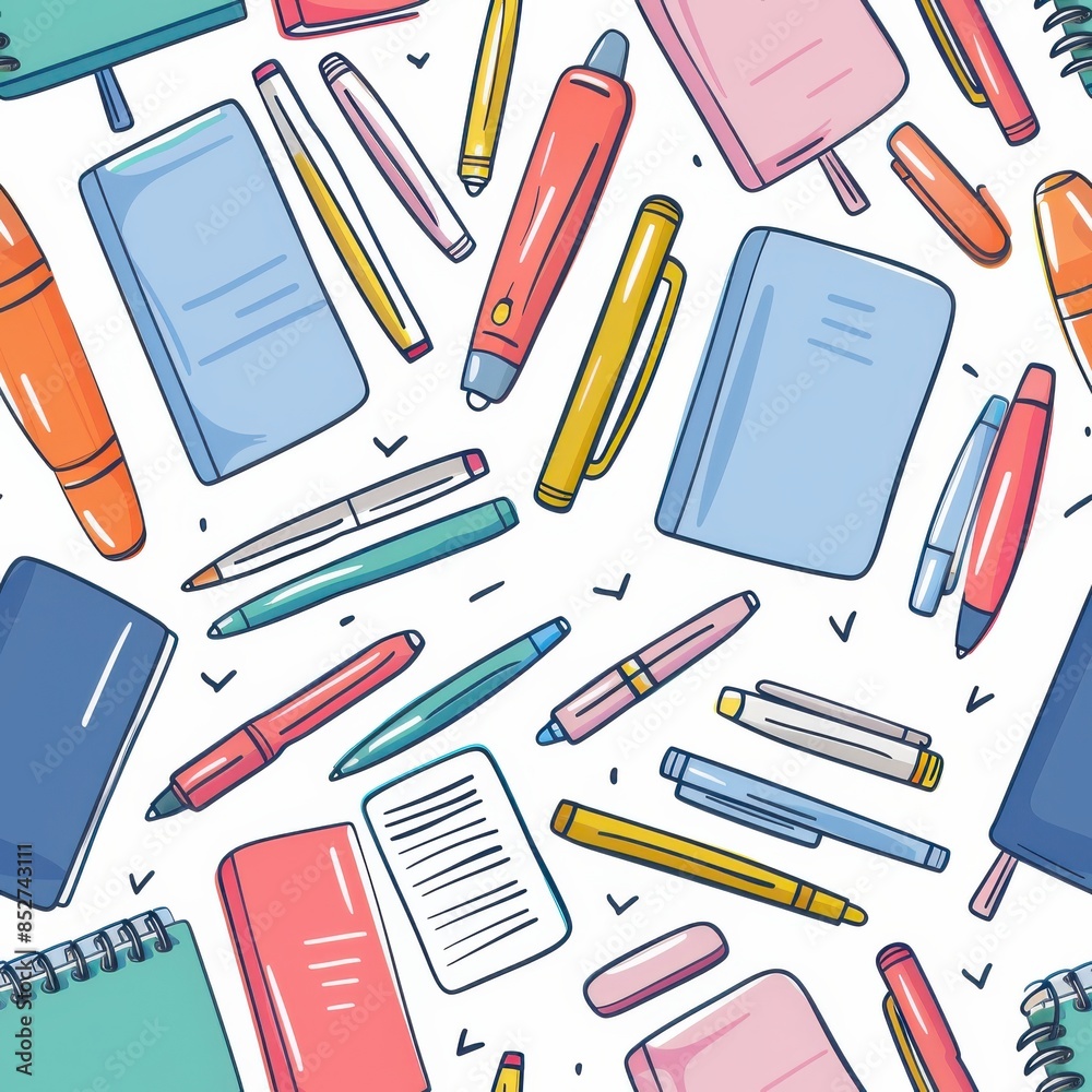 Poster a colorful array of pens, pencils, and notebooks. the pens and pencils are scattered throughout the 