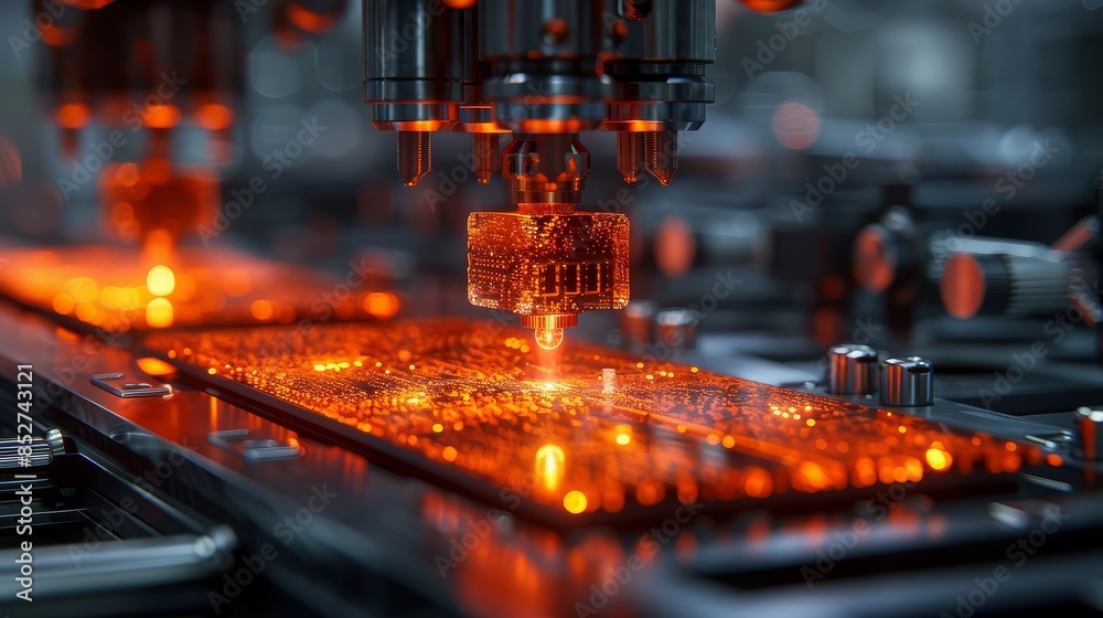 Poster precision automation: a close-up view of an advanced production line meticulously assembling microch